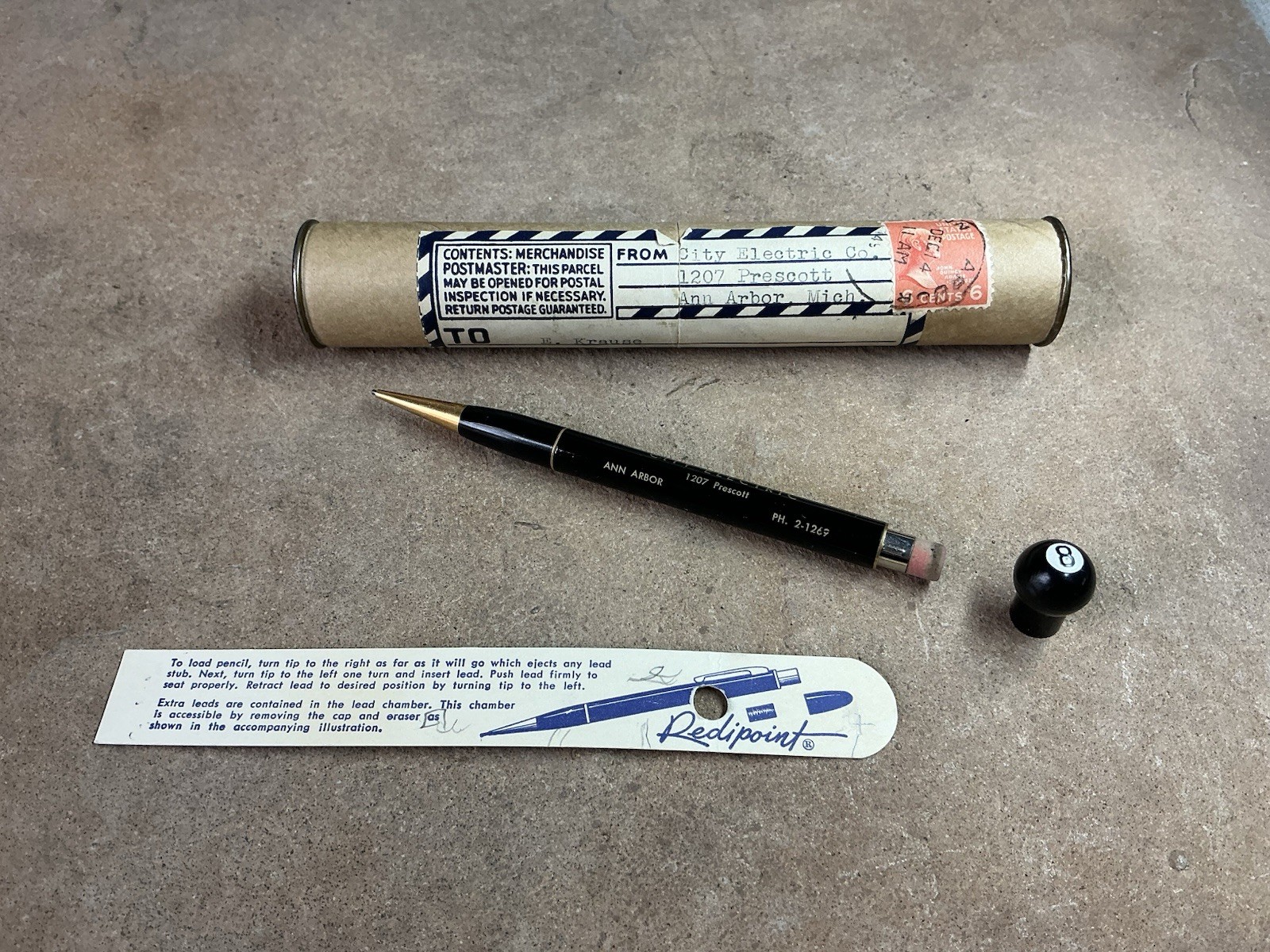 Vtg Ad Mechanical Pencil 8 Ball Cap, City Electric Ann Arbor Old Mail Tube 6¢