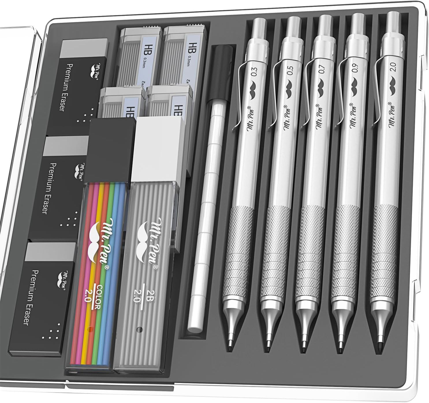 – Metal Mechanical Pencil Set, 5 Sizes, 0.3, 0.5, 0.7, 0.9, 2Mm, Mechanical Penc