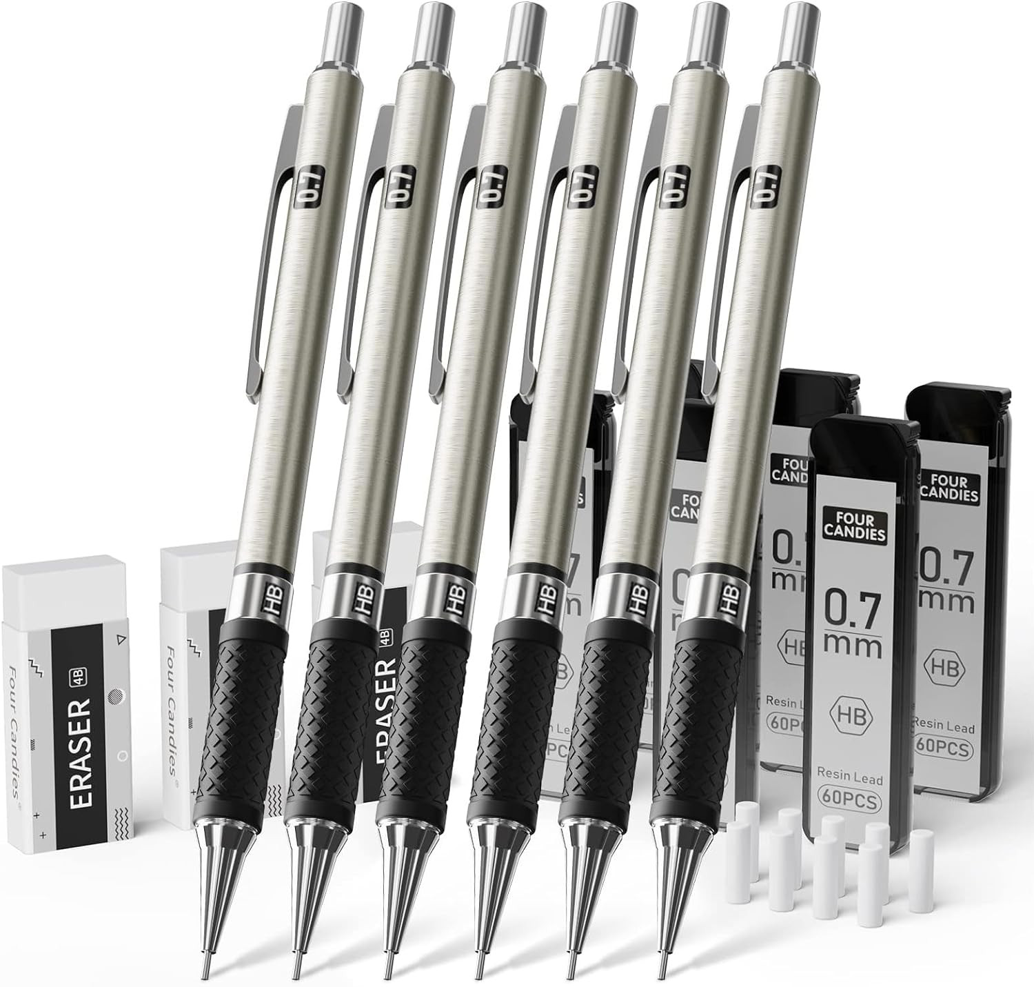 Four Candies Metal Mechanical Pencil Set – 6PCS 0.7Mm Art Mechanical Pencils & 3