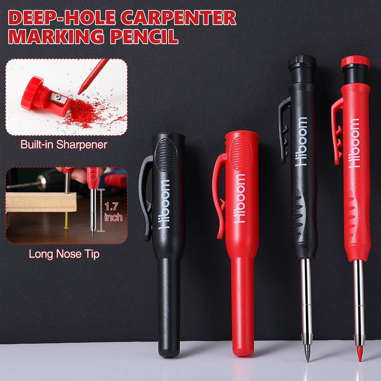 Mechanical Carpenter Pencils Set, Long Tip, Black and Red, Includes Refills and