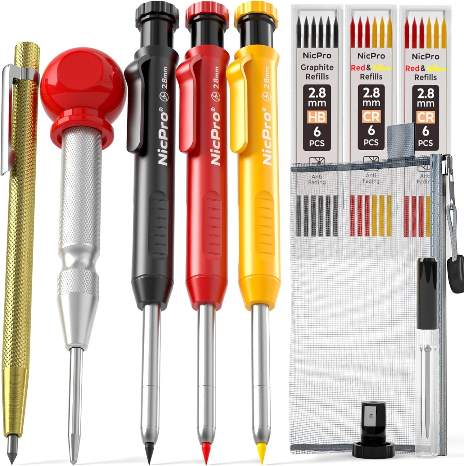 Nicpro 10 Pack Carpenter Pencils Mechanical, 26 Piece Set, Black,Yellow