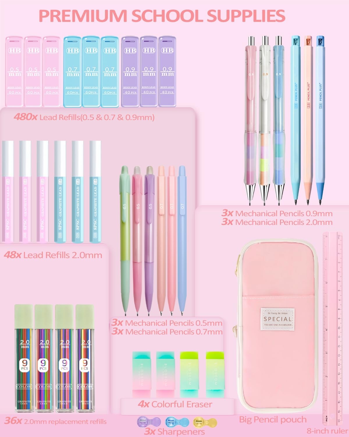 42 PCS Pink Mechanical Pencil Set 0.5-2.0mm 564 Lead Refills Case Ruler
