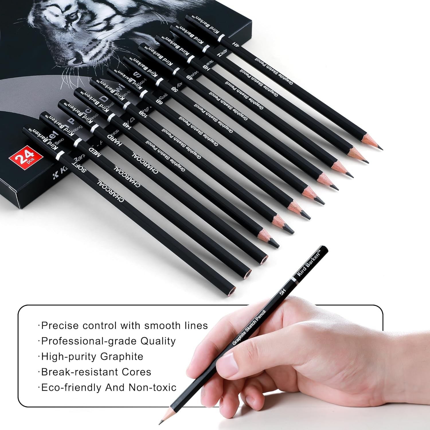 24PCS Professional Sketch Pencil Set – 5H to 14B 1 Count (Pack of 24), Black