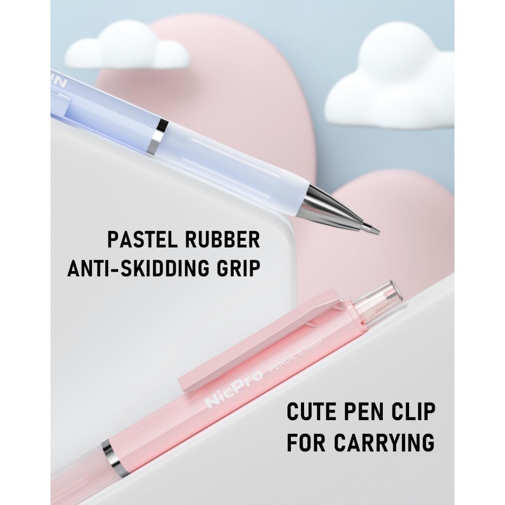 Pastel Mechanical Pencil Set 0.9mm, 3 Pencils with HB Lead Refills, 3 Erasers