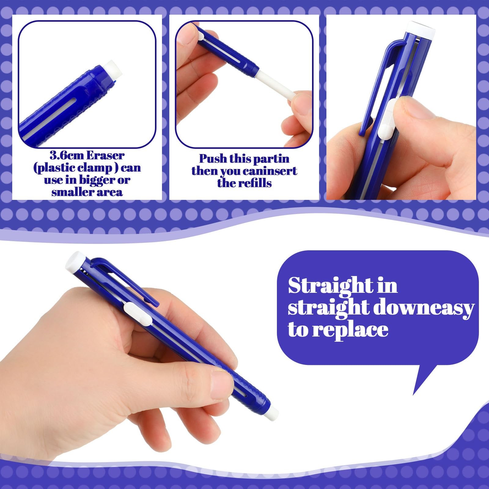 12 PCS Solid Blue Retractable Mechanical Eraser Pen Stick Refill Writing Tools