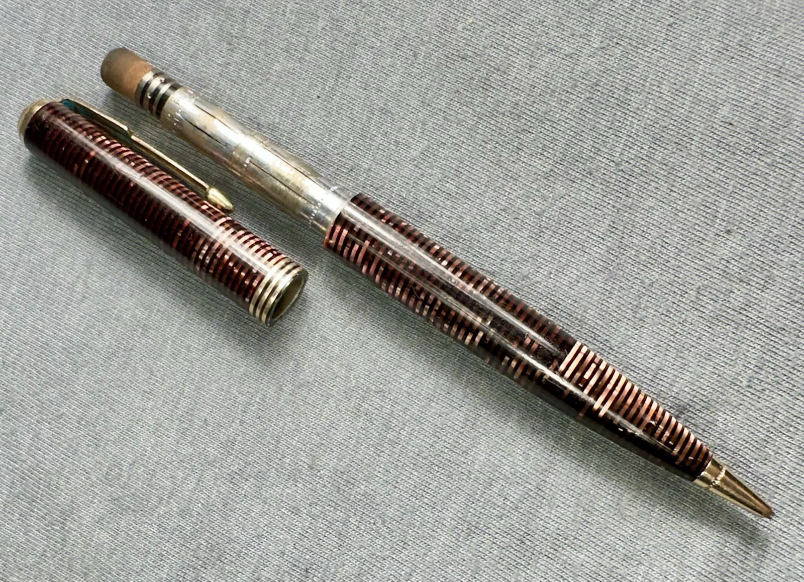 1936 Parker Vacumatic Pencil Burgundy Red & Pearl Full Size 3 Band Needs Jewel