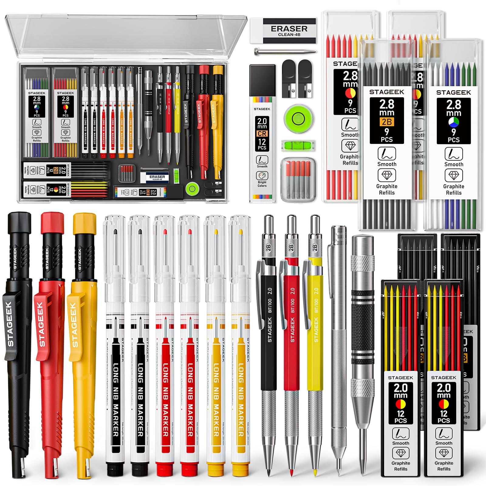 36 PCS Carpenter Pencils Set 102 Refills Sharpener Center Punch Carbide Tool