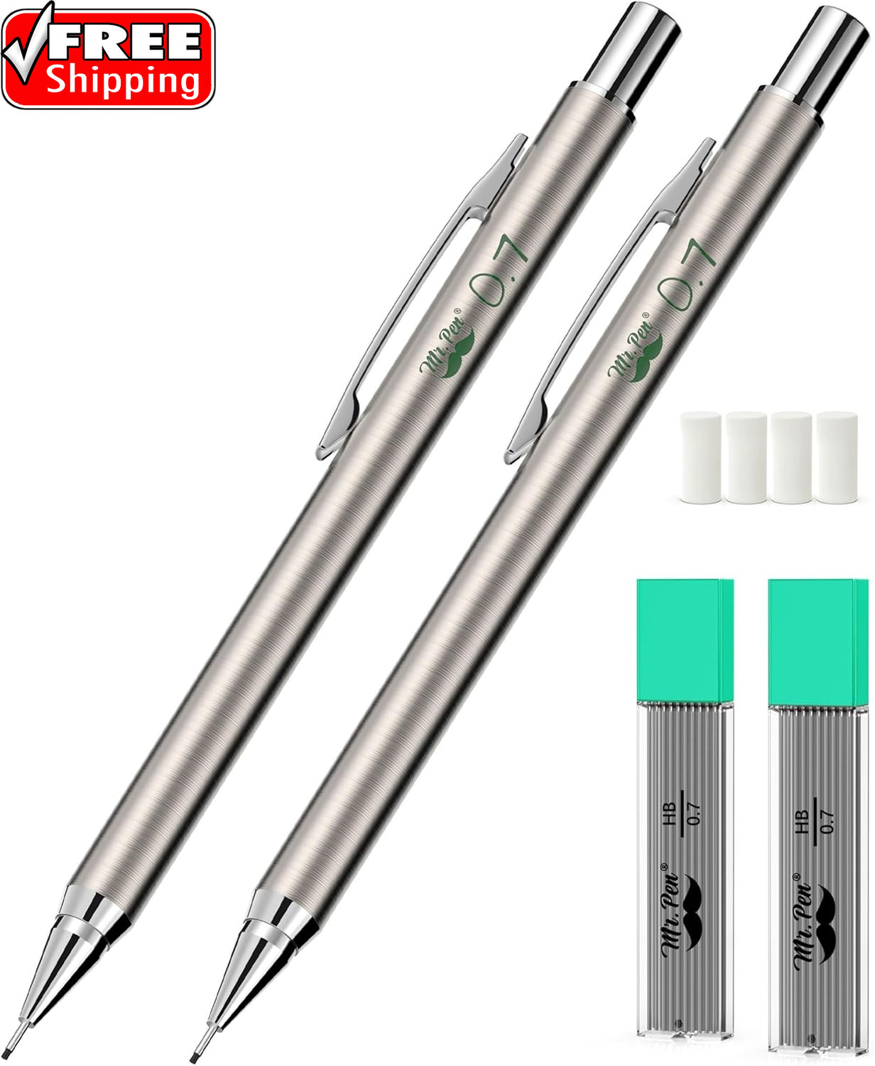Metal Mechanical Pencil Set with Lead Refills & Erasers, 2 Pack, 0.7Mm, 4X Tubes