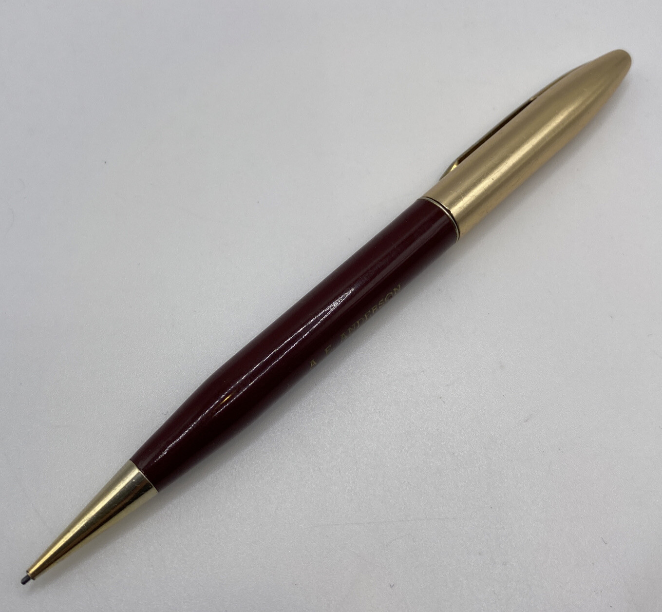 Vtg SHAW BARTON ADVERTISING MECH PENCIL MAROON & GOLD – AE Anderson Buffalo, NY