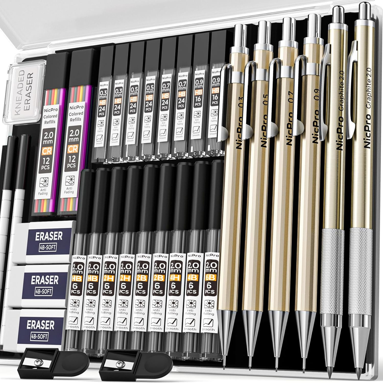 Complete Art Mechanical Pencil Set: 34PCS with 0.3mm to 2mm Leads & Accessor