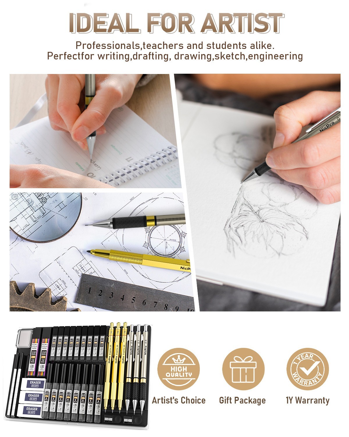 Nicpro 35PCS Gold Pencil Set: 0.5/0.7/0.9mm + 2mm Holders (6B-6H) + Case