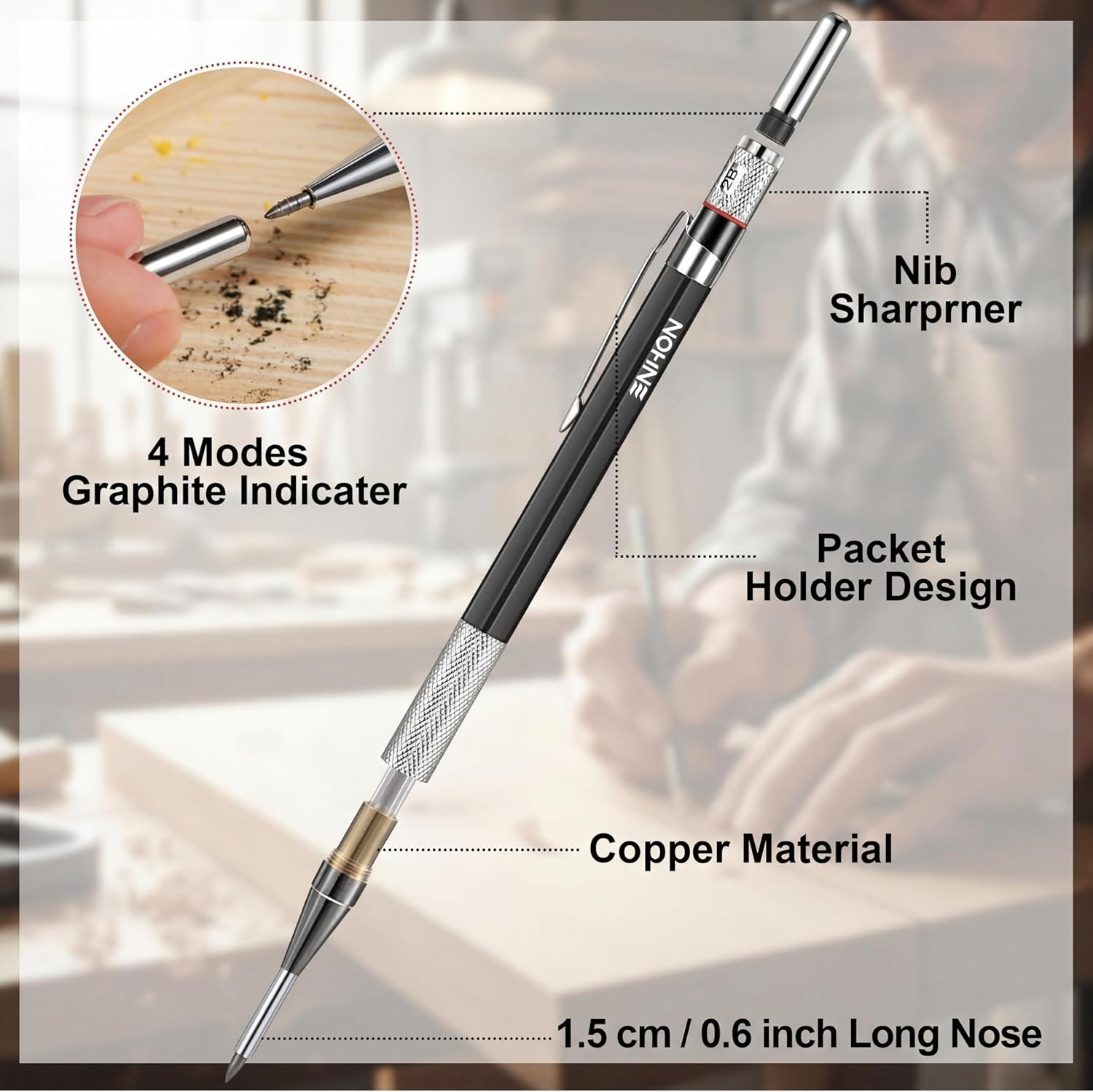 2Mm Mechanical Carpenter Pencil Set with 12 Marker Refills and Sharpener, Woodwo