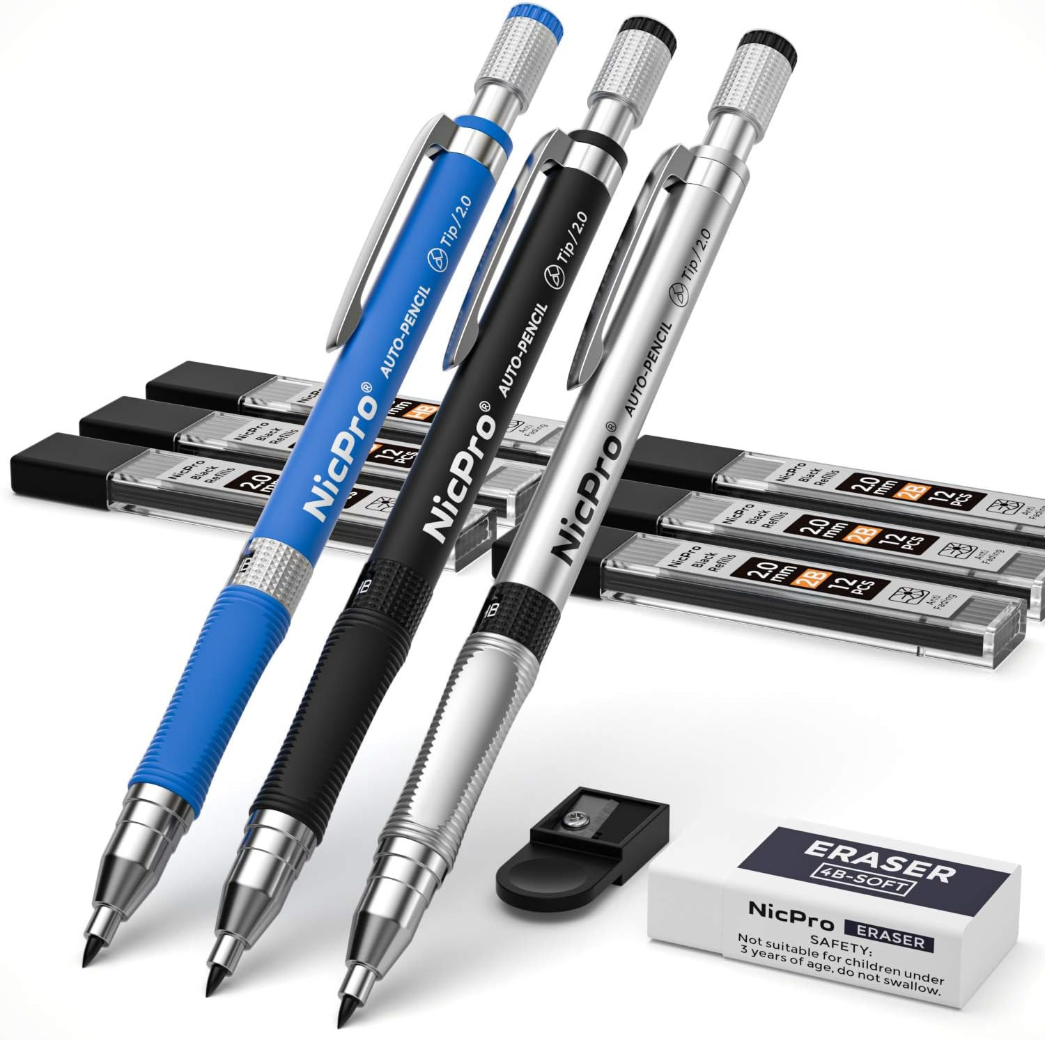 Nicpro 11 Pieces 2Mm Mechanical Pencil Set, 3 PCS Carpenter Drafting Pencil 2.0