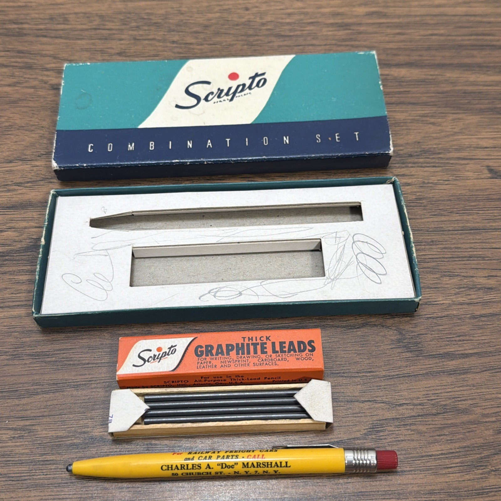 Vintage Scripto USA Mechanical Pencil Thick Leads Railway Cars 50 Church St NY