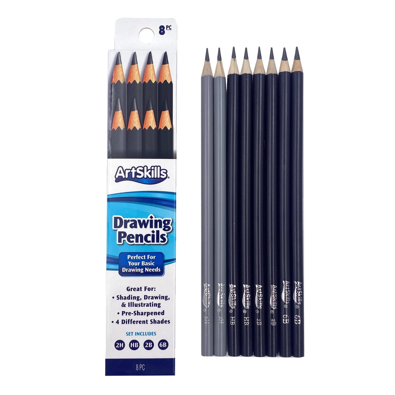 ArtSkills Sketch Pencils for Drawing, Graphite Art 8 Count (Pack of 1), Grey