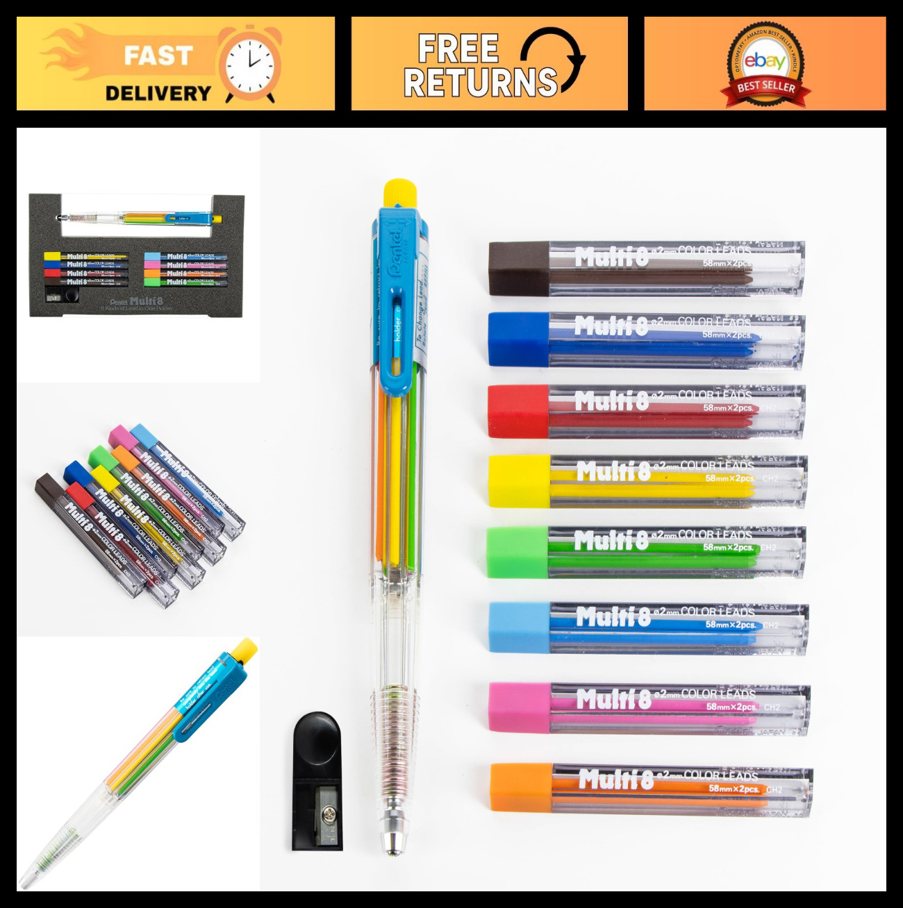 8 Color Automatic Pencil Set with Assorted Clips, Lead Refills & Sharpener