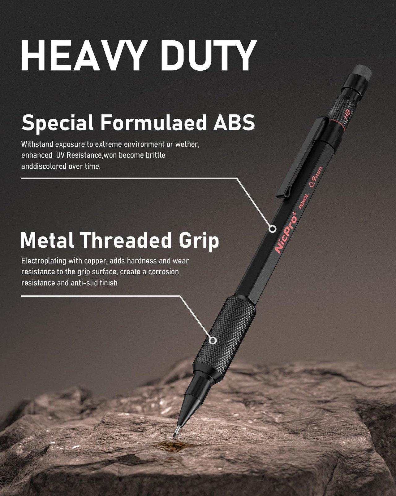 Nicpro 0.9 Metal Mechanical Pencil Set with Case, 3PCS Hevey 0.9mm, Black