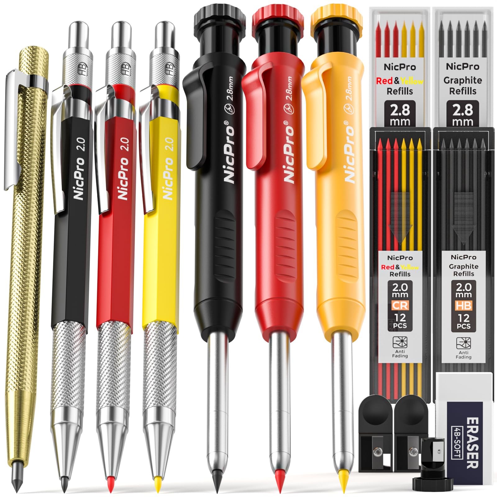 Nicpro 16 Pack Mechanical Carpenter Pencil Set with 7 Pack, Black,Yellow, Red