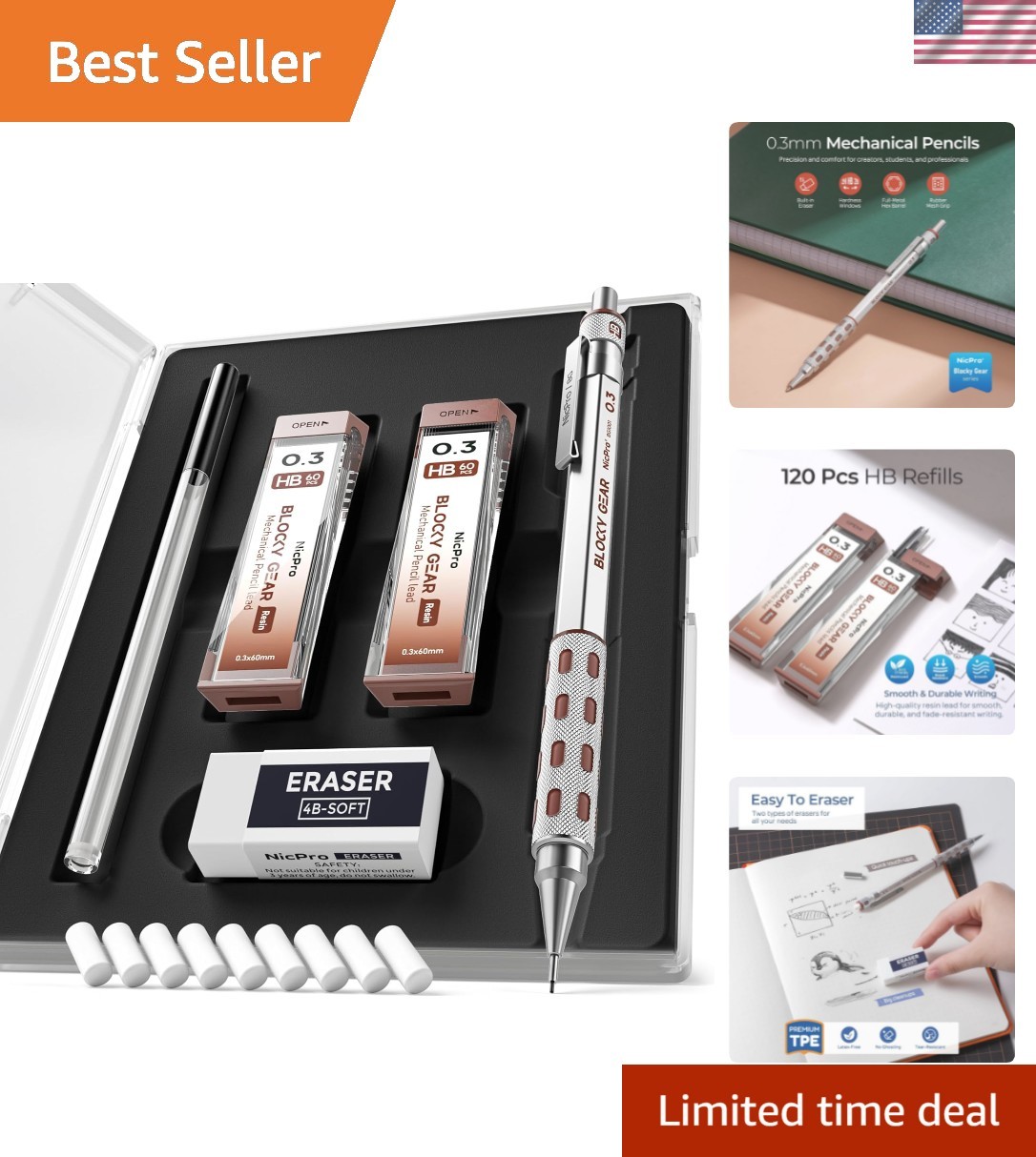 Blocky Gear 0.3 mm Mechanical Pencils Set in Case, Metal Pencil with Lead Ref…
