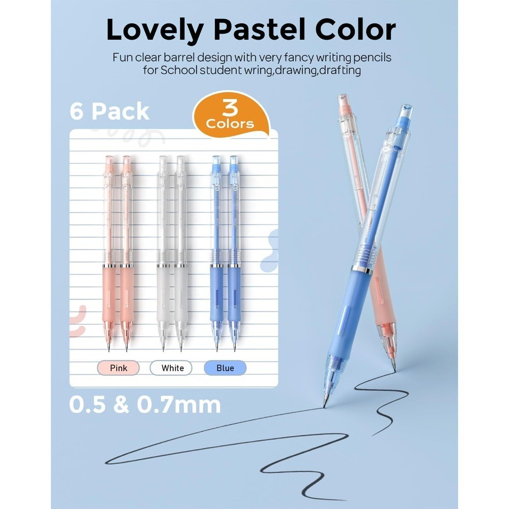23PCS Pastel Mechanical Pencil 0.5 & 0.7 mm with Case for School, with 12 tubes