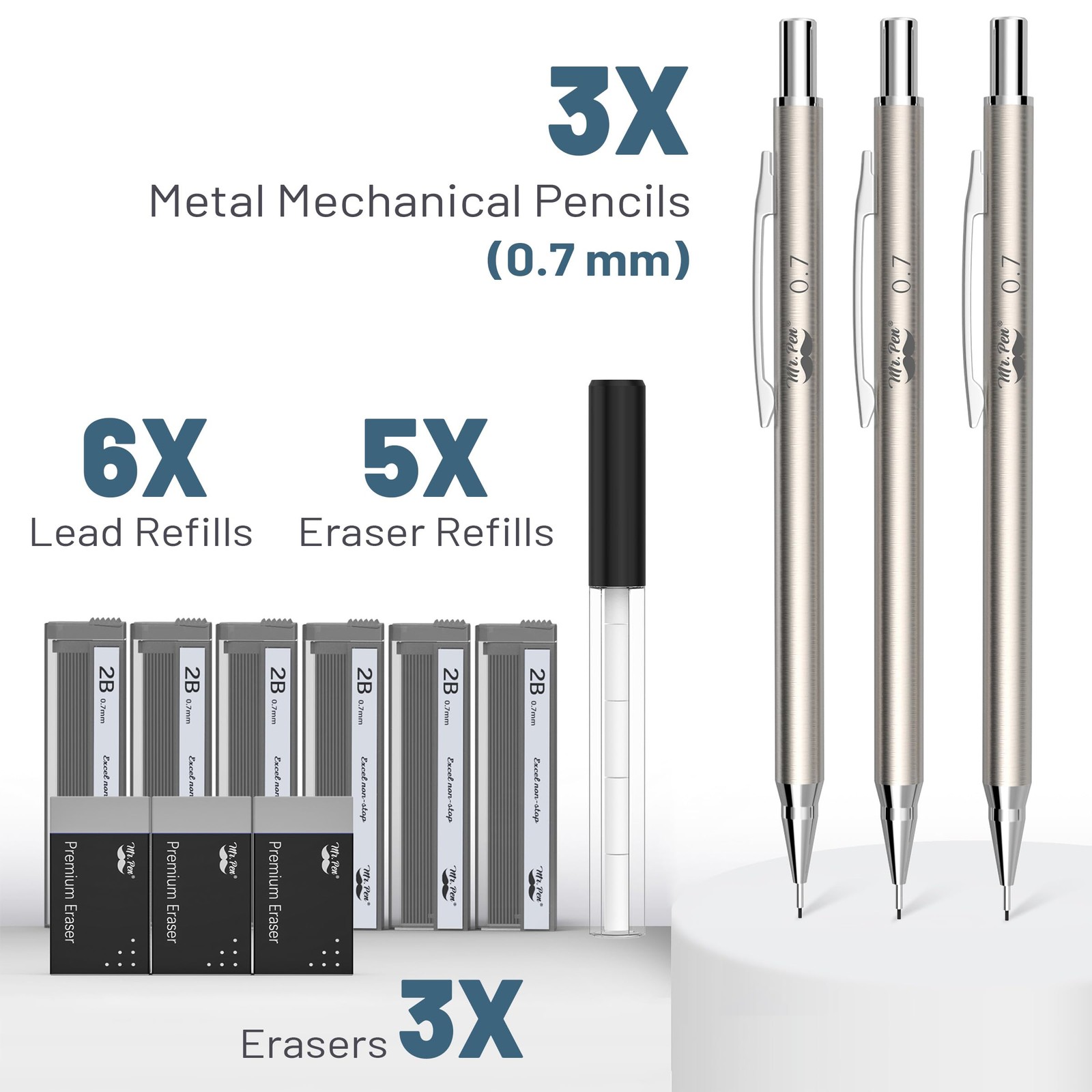 Mr. Pen- 0.7mm Metal Mechanical Pencil Set with Lead Refills & Erasers | 3 Pack,