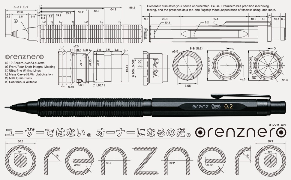 Pentel Orenz Nero 0.2mm Mechanical Pencil PP3002-A Ultra-Fine Matte Black Body