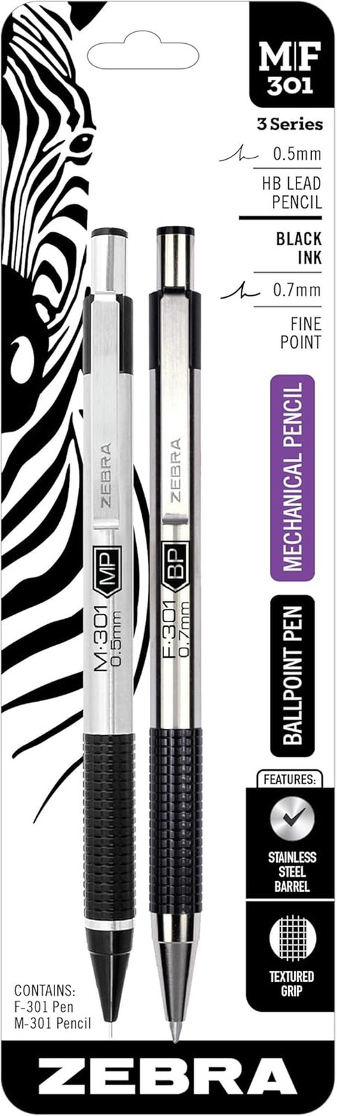 Zebra Pen Stainless Steel Writing Set, M-301 Mechanical Pencil and F-301 0.7Mm B