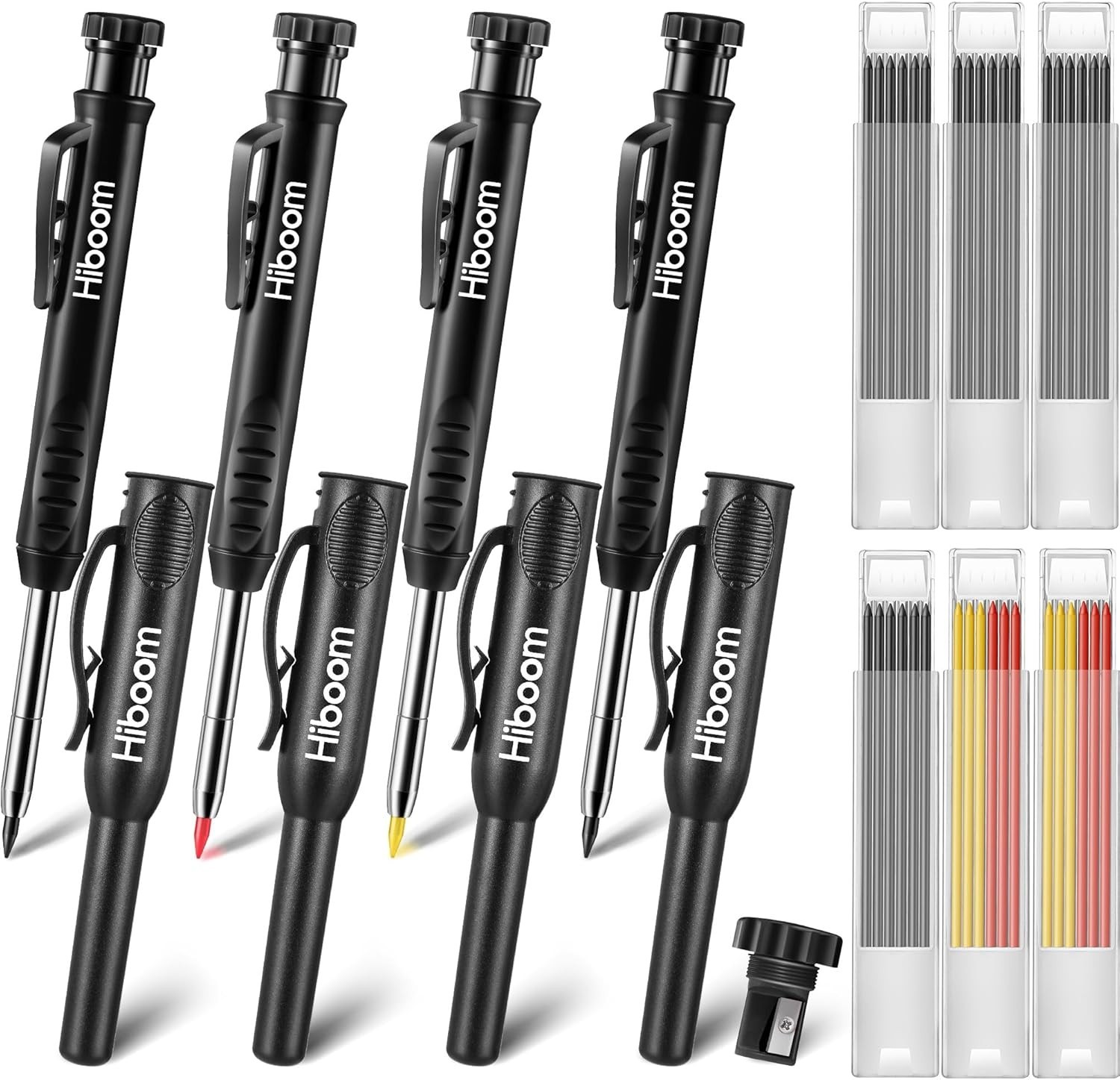 Hiboom 4 Pack Carpenter Pencils Set with 24 Refills, 2.8 mm Mechanical Black