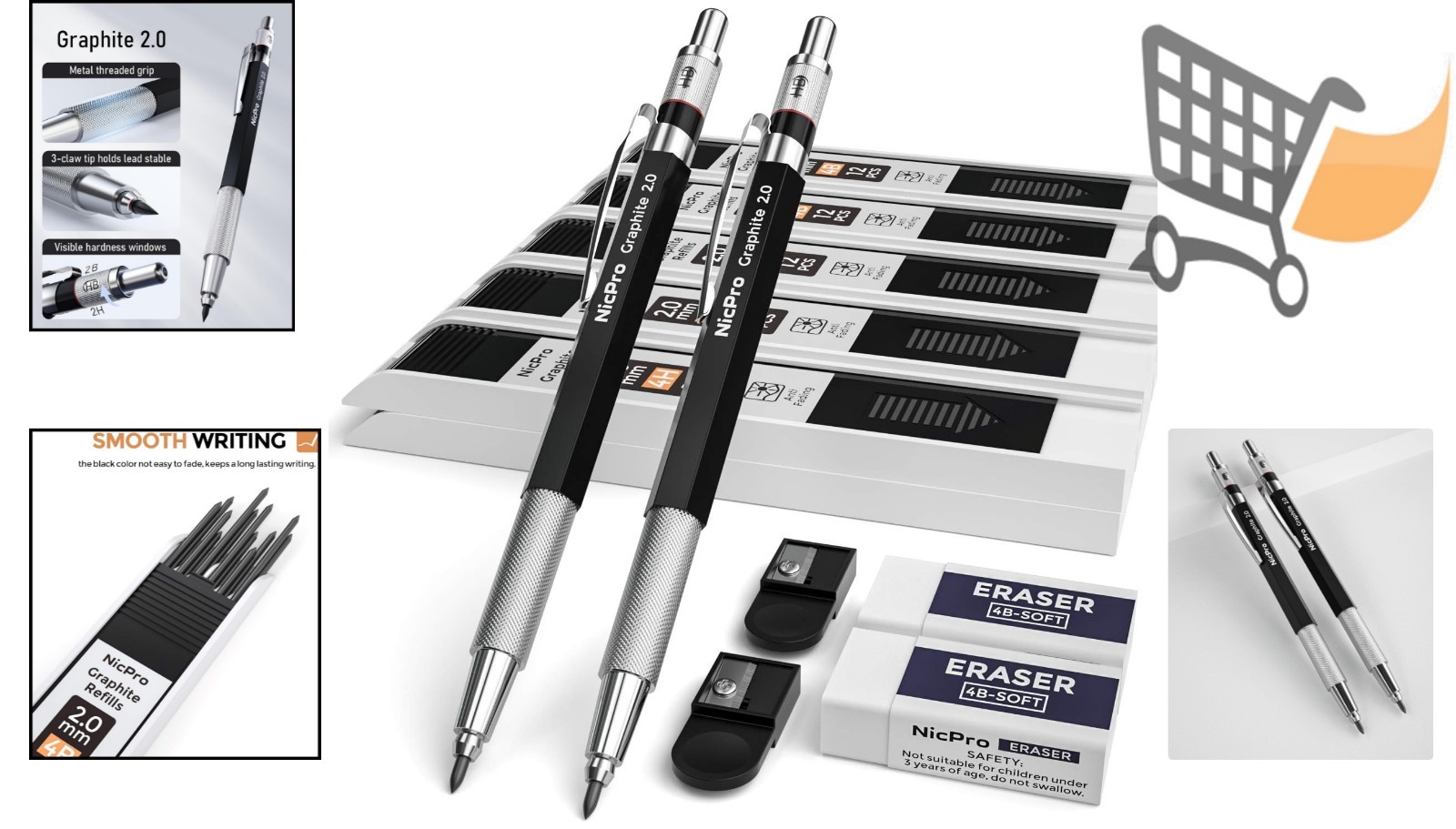 Metal Mechanical Pencil Set 2mm Lead Refill Erasers for Drafting Drawing
