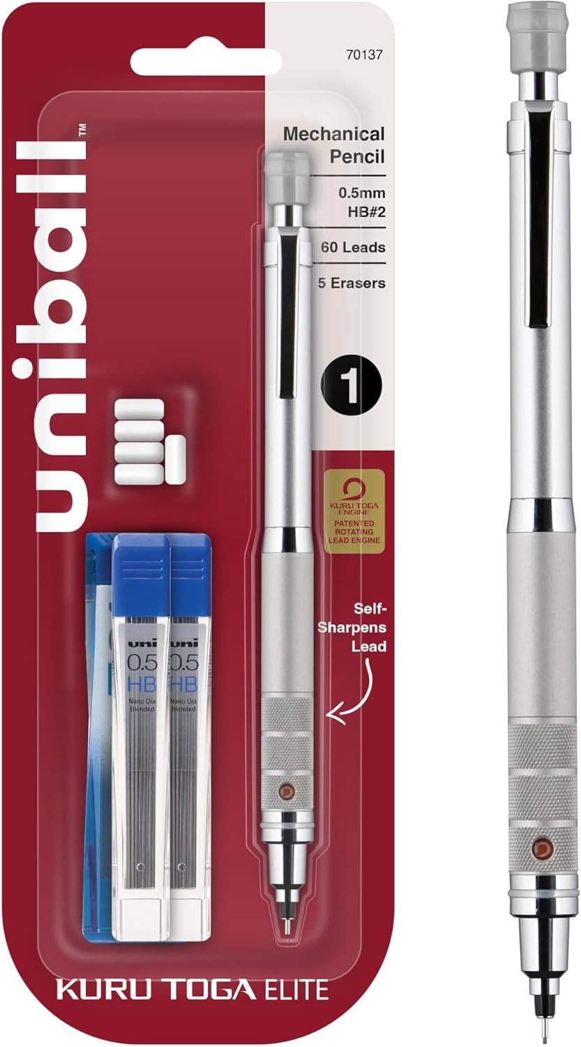 Uniball Kuru Toga Elite Mechanical Pencil Starter Kit, 0.5Mm, HB #2, Silver Barr