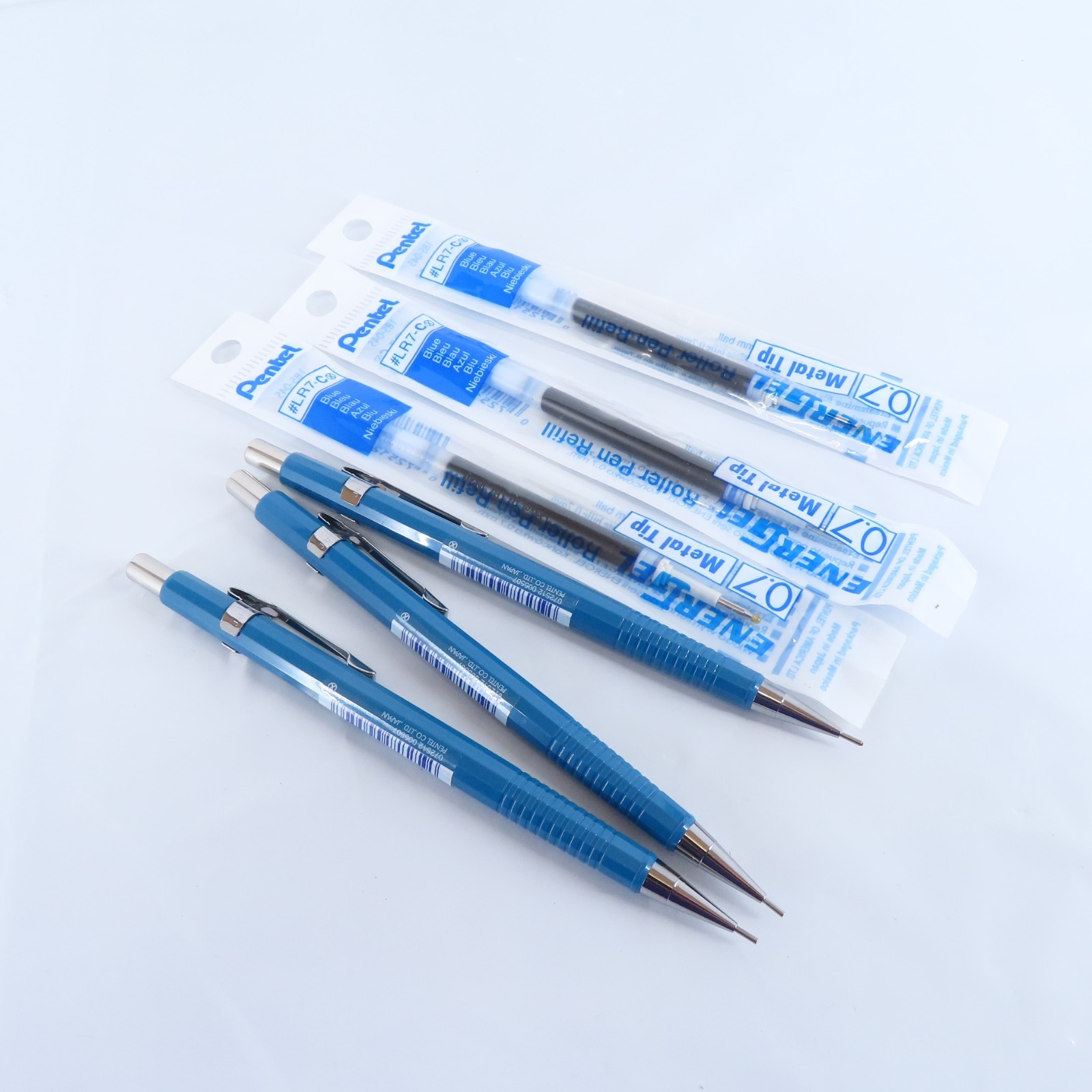 BUNDLE 3 PENTEL 0.7MM SHARP DRAFTING PENCILS + 3 ENERGEL BLUE INK REFILLS