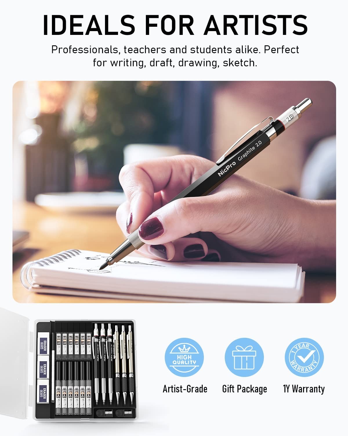 6PCS Art Mechanical Pencils Set, 3PCS Metal Drafting Pencil 0.5 Mm & 0.7 Mm & 0.