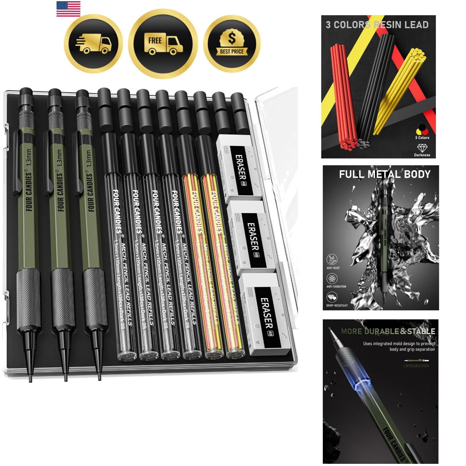 1.3mm Mechanical Pencil Set with 72 Lead Refill, 3PCS Metal Weatherproof Body…
