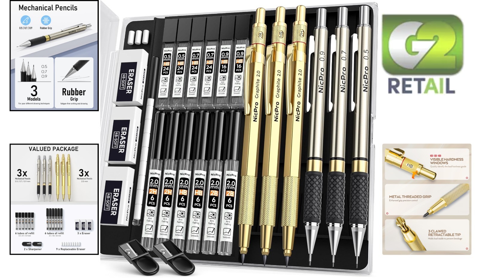 Versatile Gold Art Pencils: 6 Sizes, 3 Hardness & Accessories for Creatives