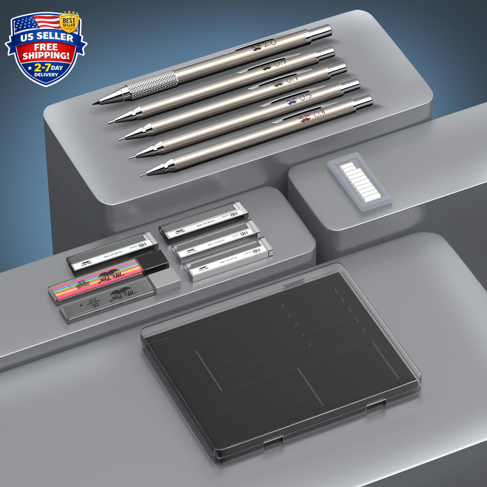 – Metal Mechanical Pencil Set with Lead and Eraser Refills, 5 Sizes, 0.3, 0.5, 0