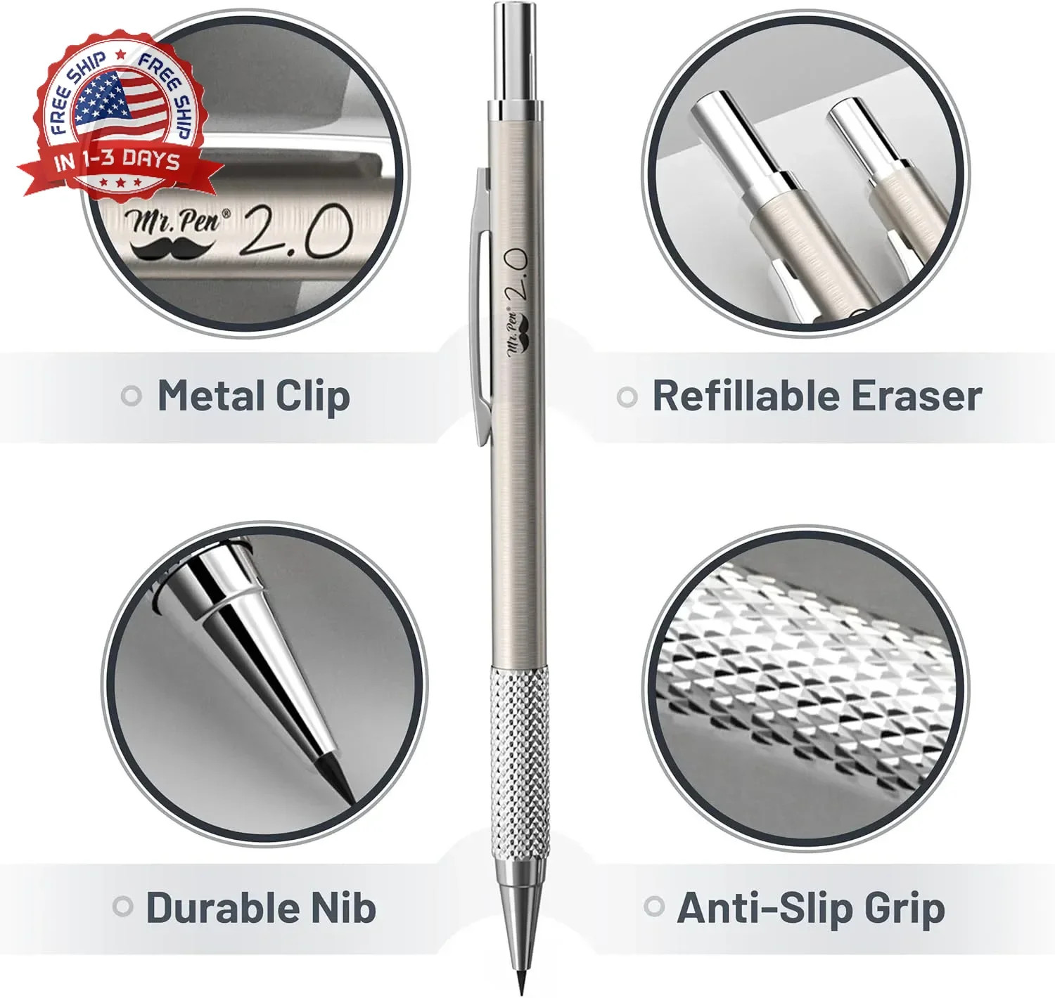 Mr. Pen- Metal Mechanical Pencil Set with Lead and Eraser Refills, 5 Sizes, 0.3,