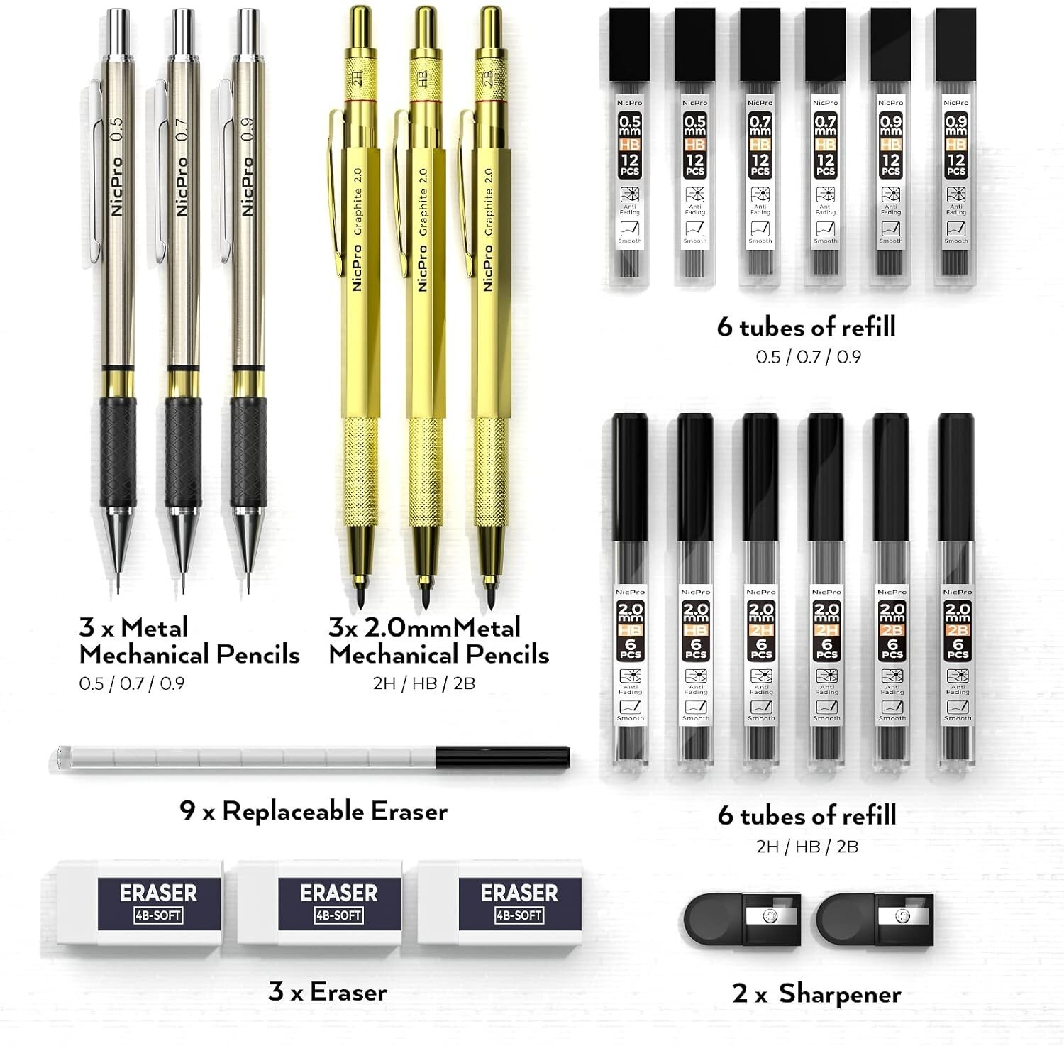 Mechanical Pencils – 27 Piece – 0.5mm, 0.7mm, 0.9mm – Lead Refills – Erasers