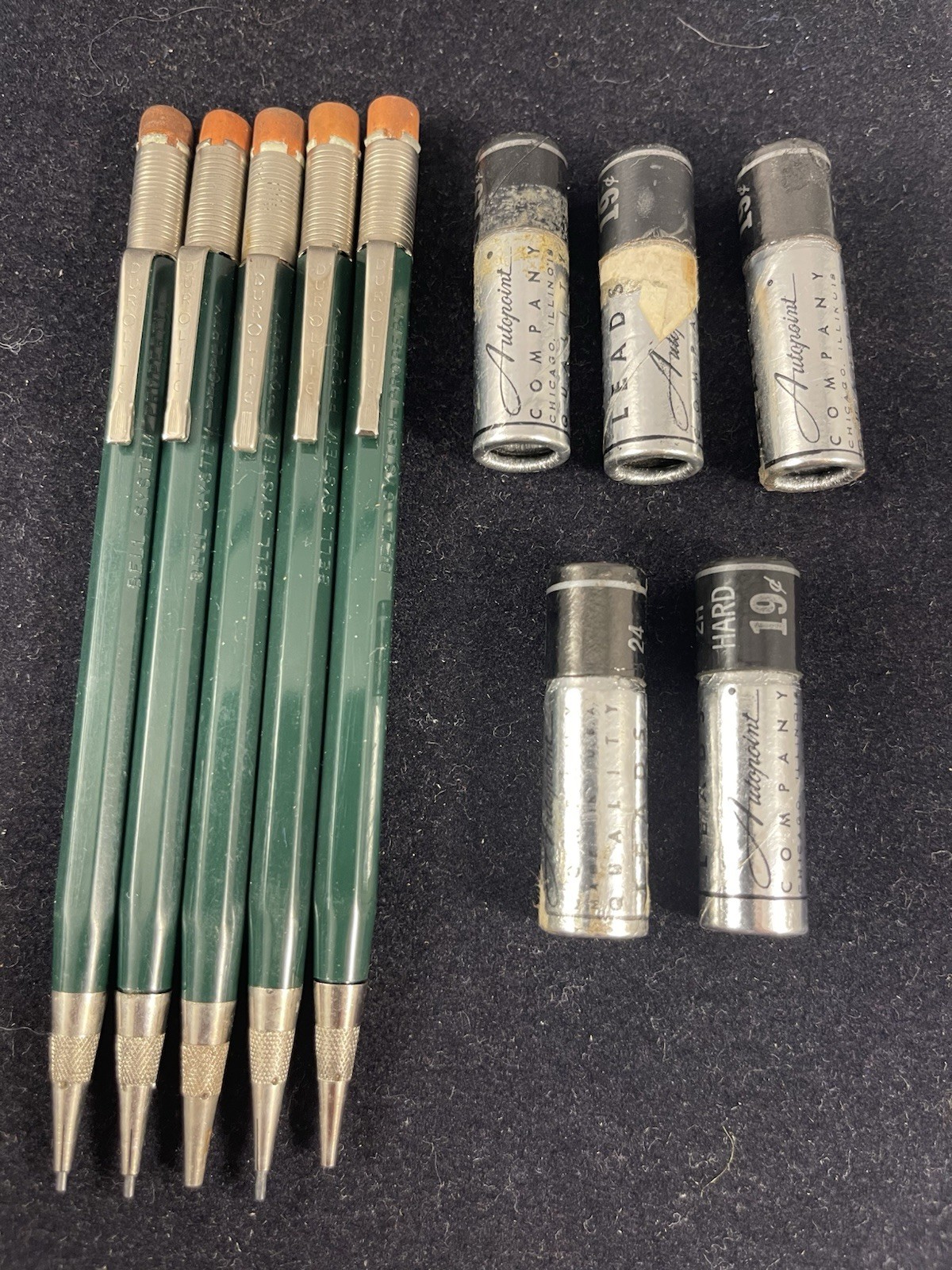 (5) Vintage 1960s Dur-O-Lite Green Mechanical 2H Pencil Bell System Prop + Leads