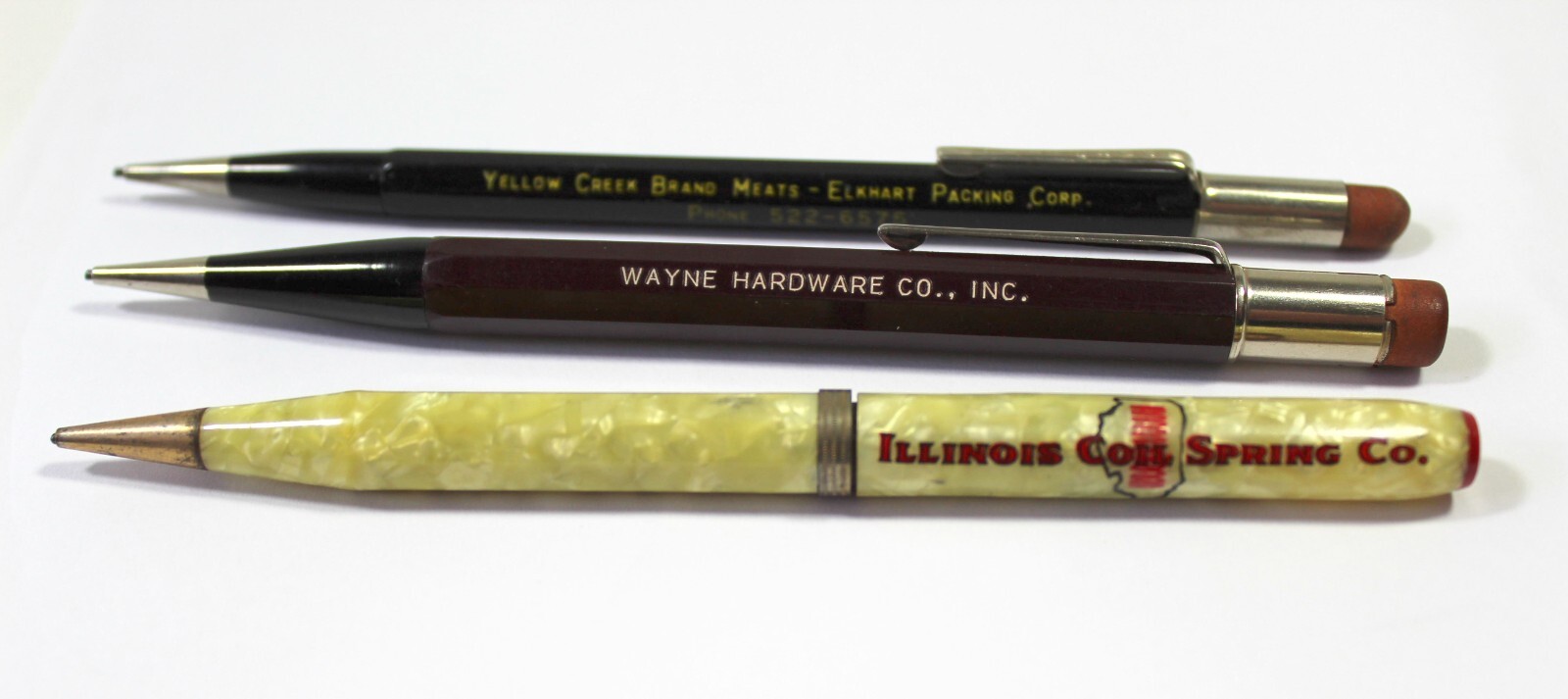 Lot of 3 Advertising Mechanical Pencils- Yellow Creek, Wayne Hardware, Ill Coil