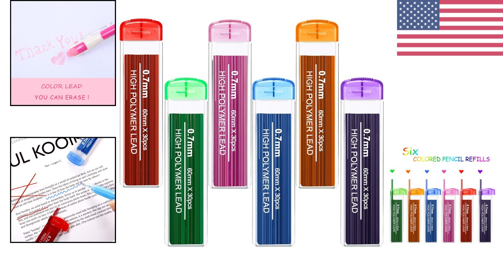 Mechanical Pencil Lead Refills 0.7 mm Hb 180 Count in Red, Green, Blue, Purple
