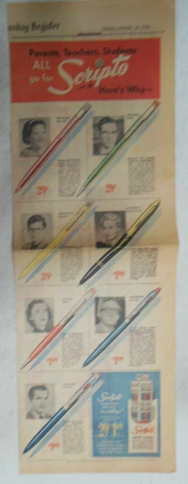 Scripto Pens & Pencils Ad: Parents,Teachers,Students! 1950’s 7.5 x 22 inches