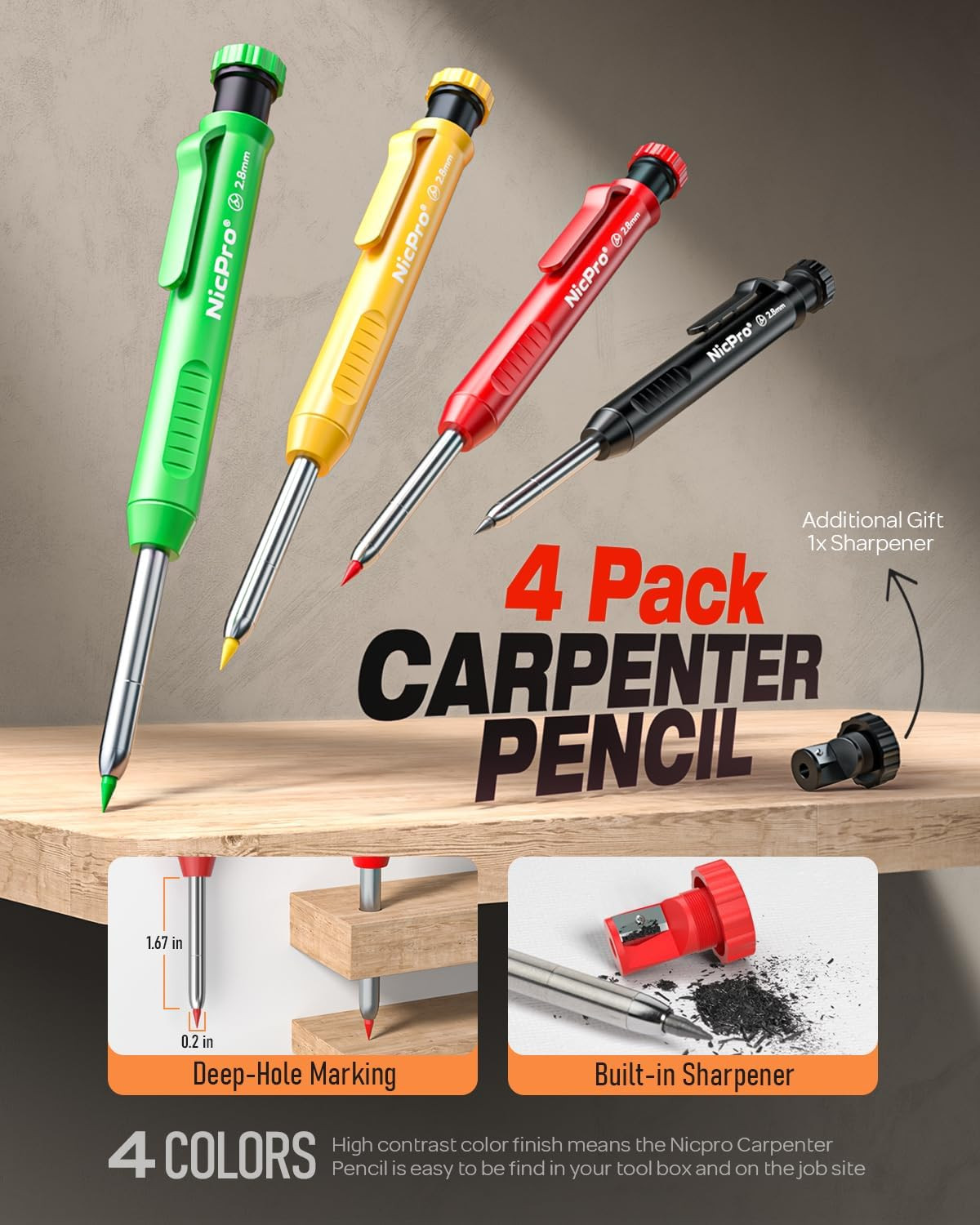 4 Pack Carpenter Pencil with Sharpener, Mechanical Carpenter Pencils with 52 Ref