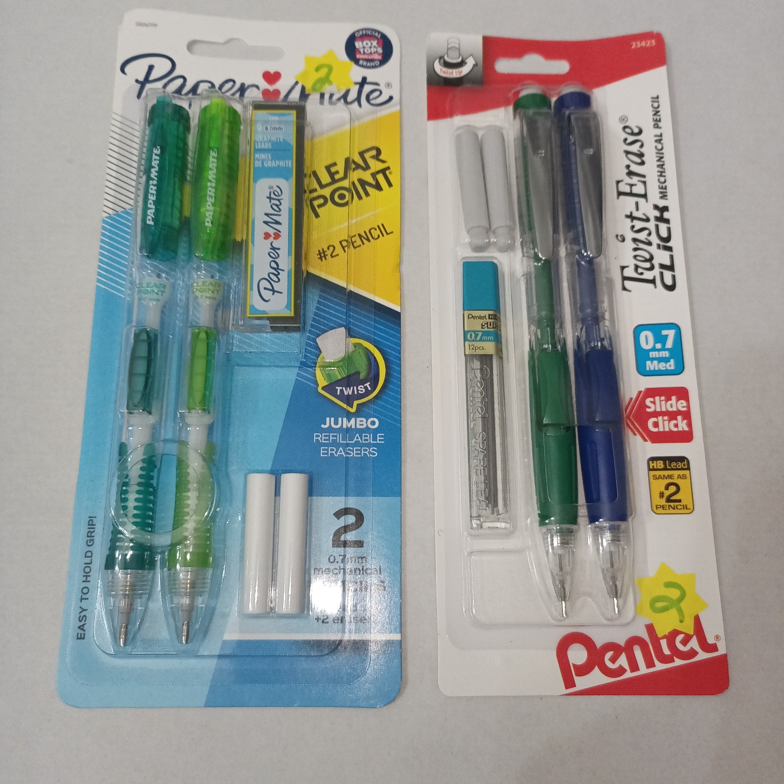 Lot Of 2 Pack Of 2 Mechanical Pencils Each With Erasers And Refills .7mm Pentel