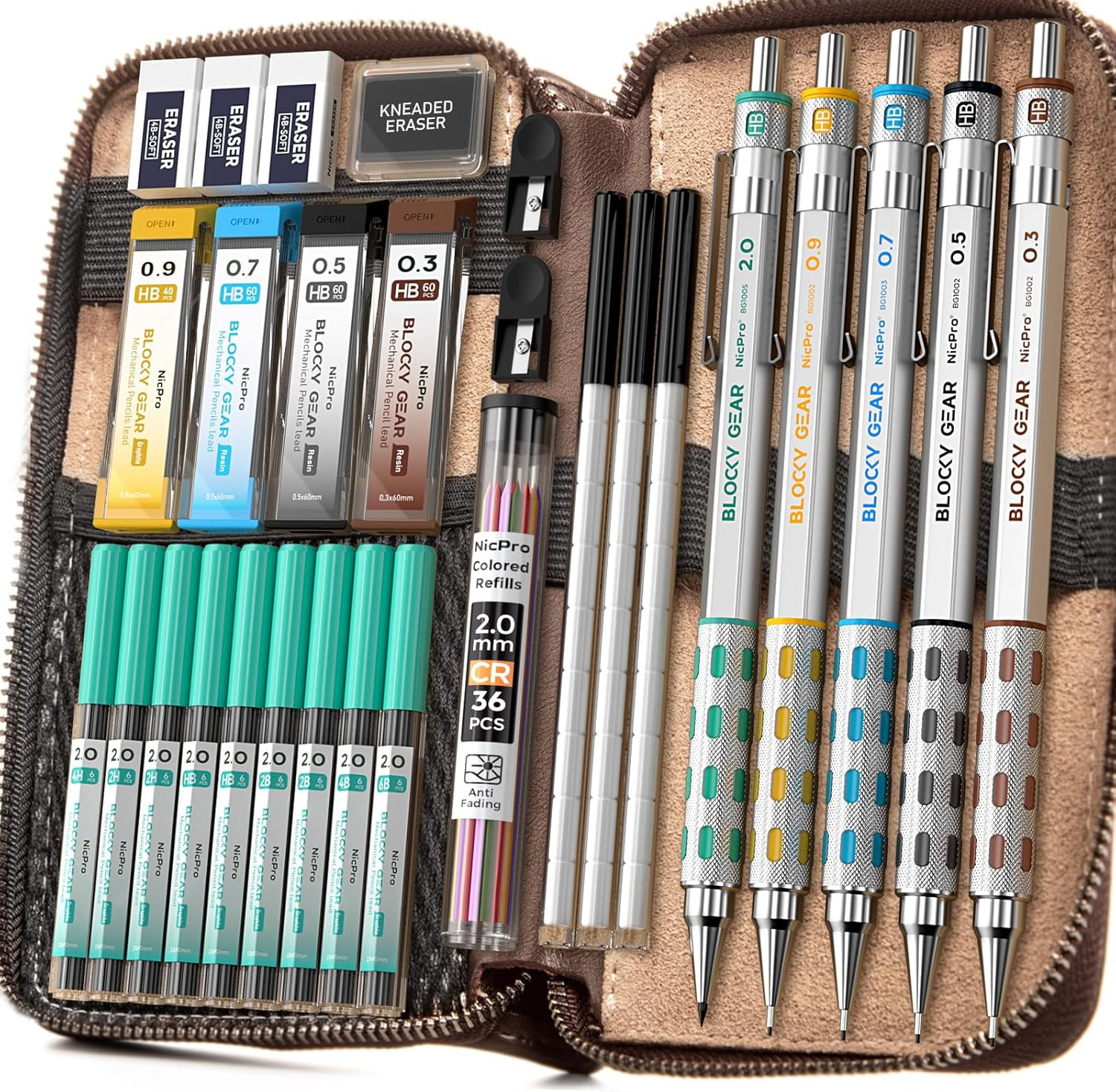 Blocky Gear Metal Mechanical Pencil Set in Leather Case, 29PCS Art