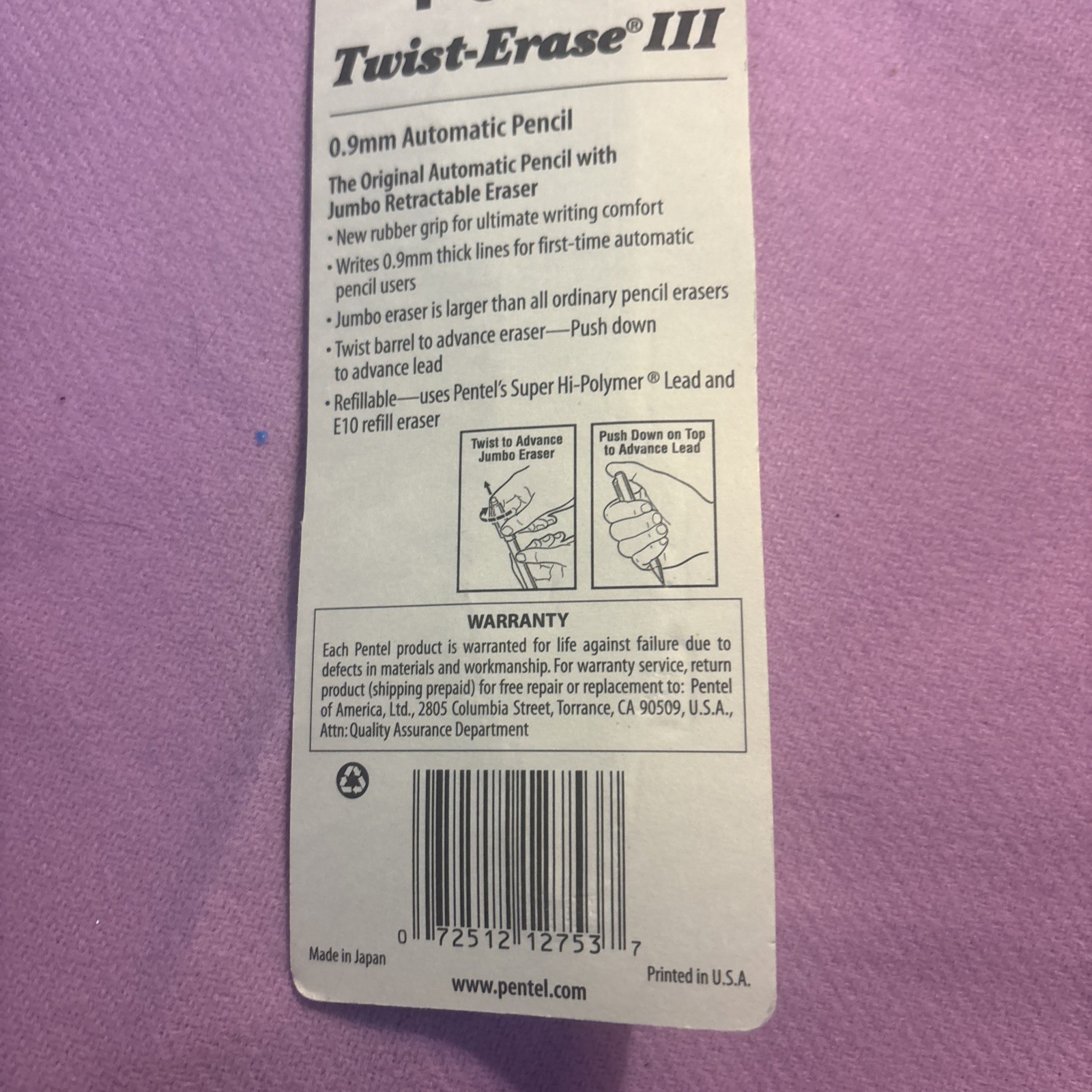 Pentel Twist-Erase III Refillable Mechanical Pencil with Jumbo Eraser 0.9mm New