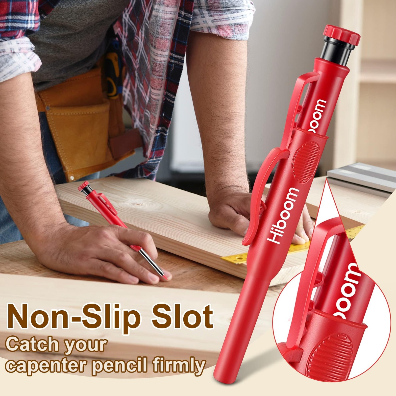 Hiboom 2 Pack Solid Carpenter Pencils with Pencil Cap and 22 Piece Set, Red