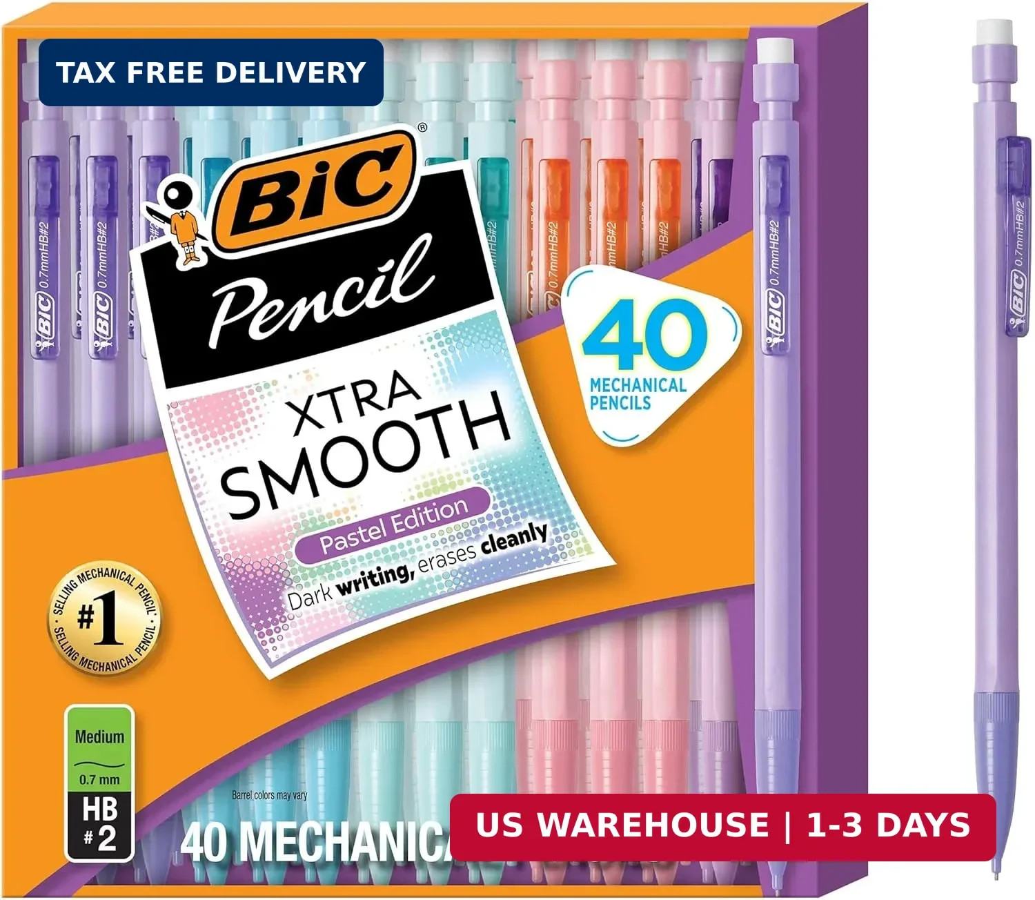 BIC Xtra-Smooth Pastel Mechanical Pencils with Erasers, Medium Point (0.7mm), 40