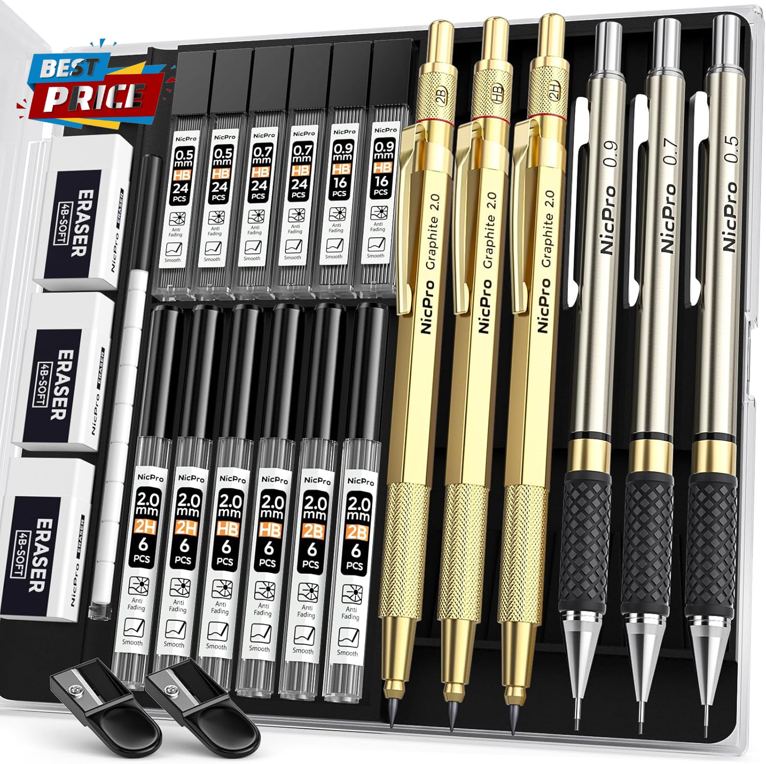 Gold Art Mechanical Pencil Set, Metal Drafting Pencil 0.5, 0.7, 0.9Mm & 2Mm Lead