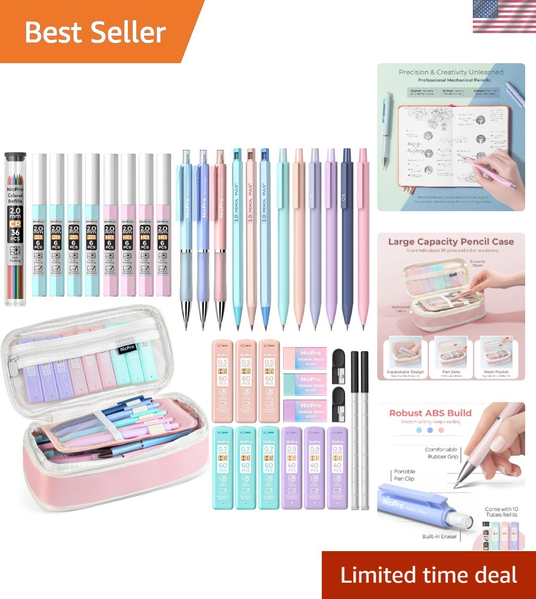 38PCS Aesthetic Pastel Mechanical Pencil Set with 564 Lead Refills – Pink Case
