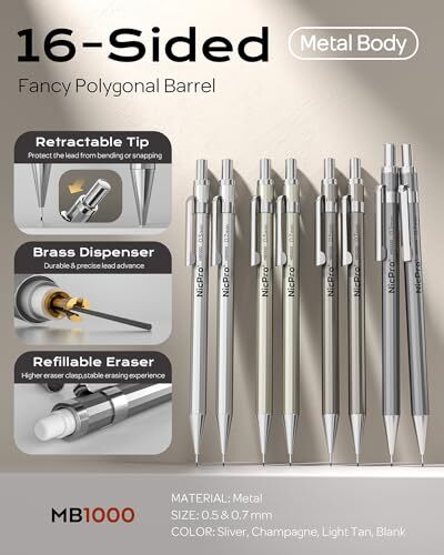 8 Pack 0.5mm & 0.7mm Metal Mechanical Pencil Set, Lead Drafting 0.5mm + 0.7mm